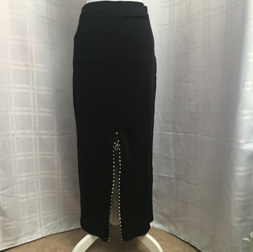 Von Saken Long Black Rhinestone Zipper Slit Skirt